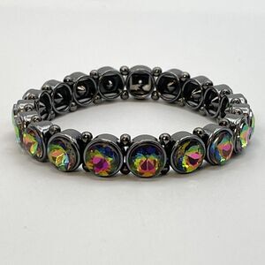 Gun Metal AB Glass Round Cut Rhinestone Stretch Bracelet Statement Boho